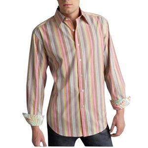 ROBERT GRAHAM Men's Large Pink and Brown Silk Cotton Striped Shirt casual wear